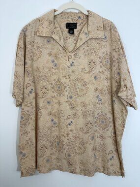 Vintage Cezani Shirt Mens XL‎ Pullover Bandana Paisley Linen Blend Tan Blue Y2K